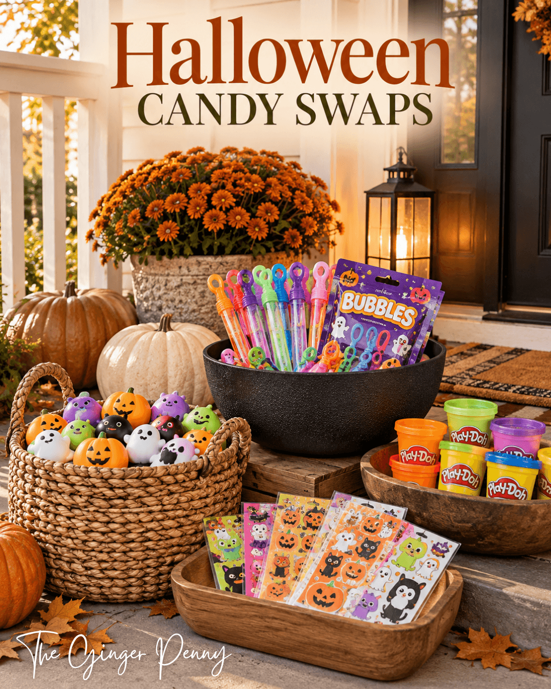 Non-candy Halloween treat swaps including bubbles, mini Play-Doh, and small toys for kids