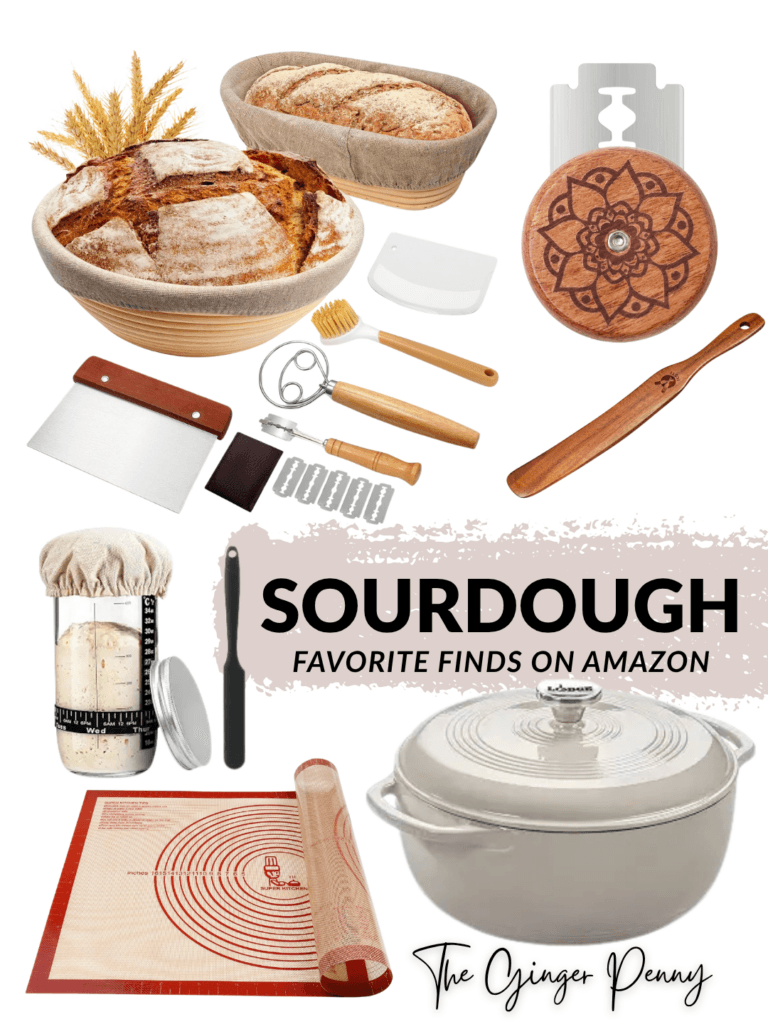 Sourdough baking essentials including bread-making tools, sourdough starter supplies, proofing baskets, and baking accessories