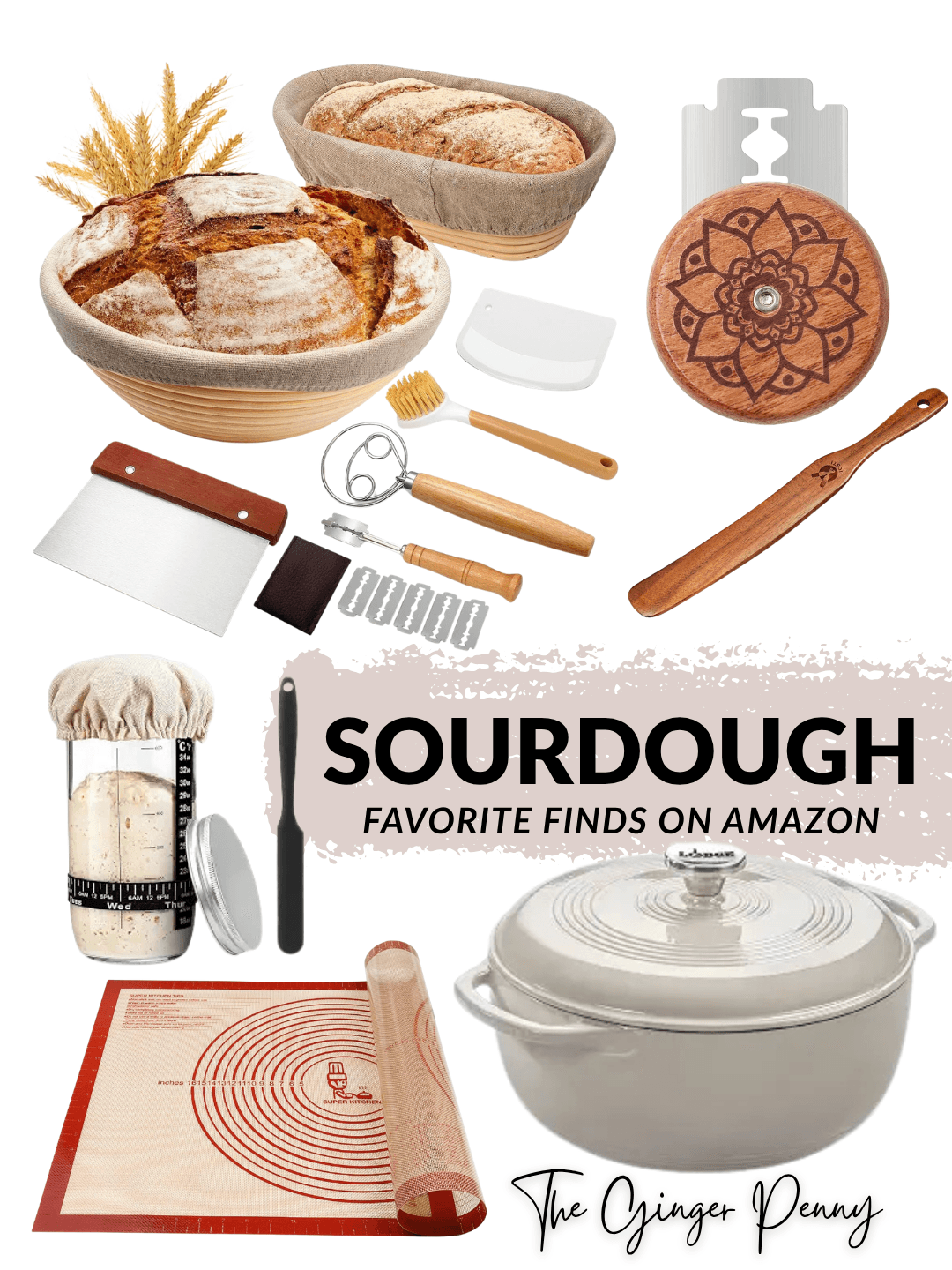Sourdough baking essentials including bread-making tools, sourdough starter supplies, proofing baskets, and baking accessories