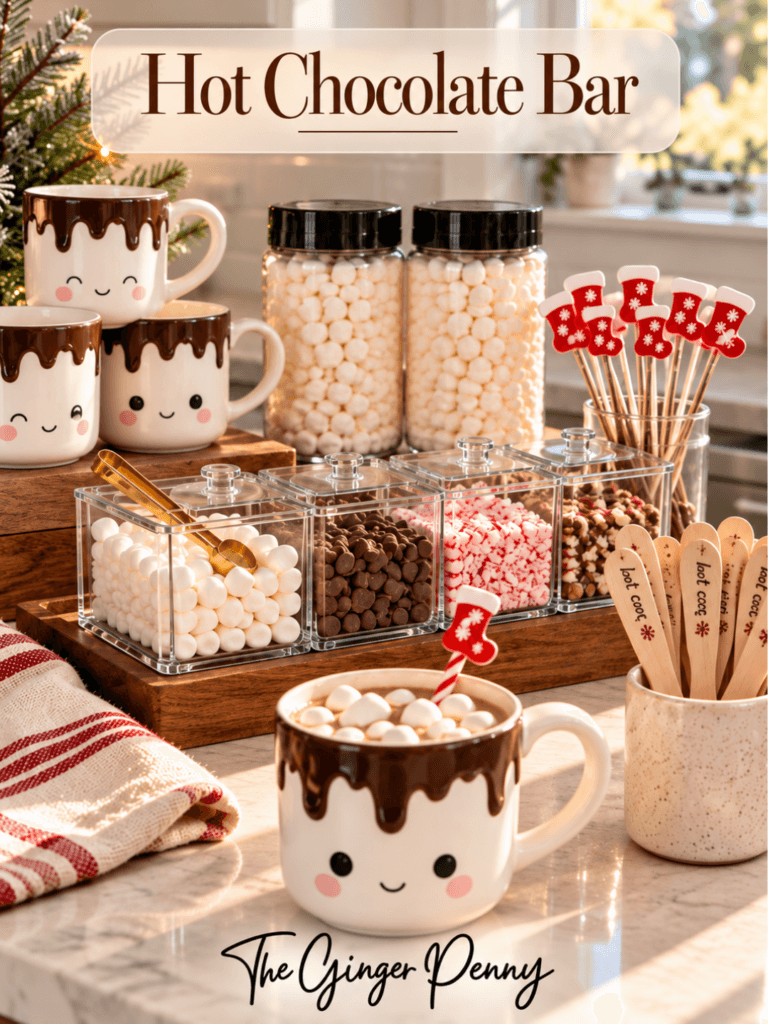 Hot cocoa bar must haves with marshmallows, chocolate toppings, mugs, and hot chocolate station accessories