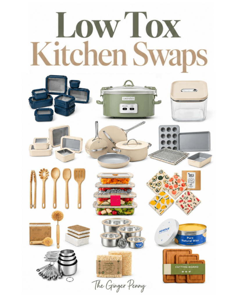 Low-tox kitchen swaps featuring cookware, food storage, and everyday kitchen essentials