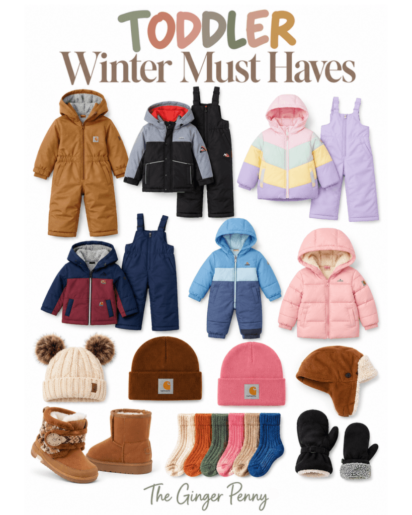Toddler winter must-haves featuring warm clothing and practical cold-weather accessories