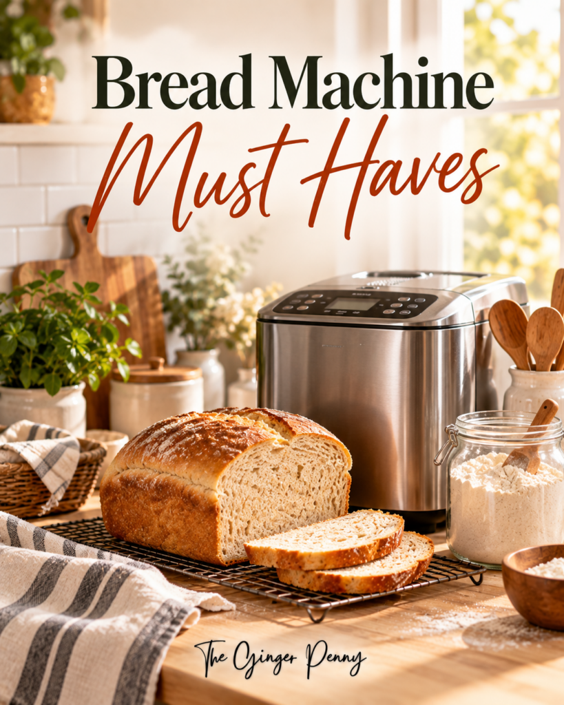 Bread machine must haves featuring homemade bread, bread-making tools, measuring essentials, slicing accessories, and bread storage