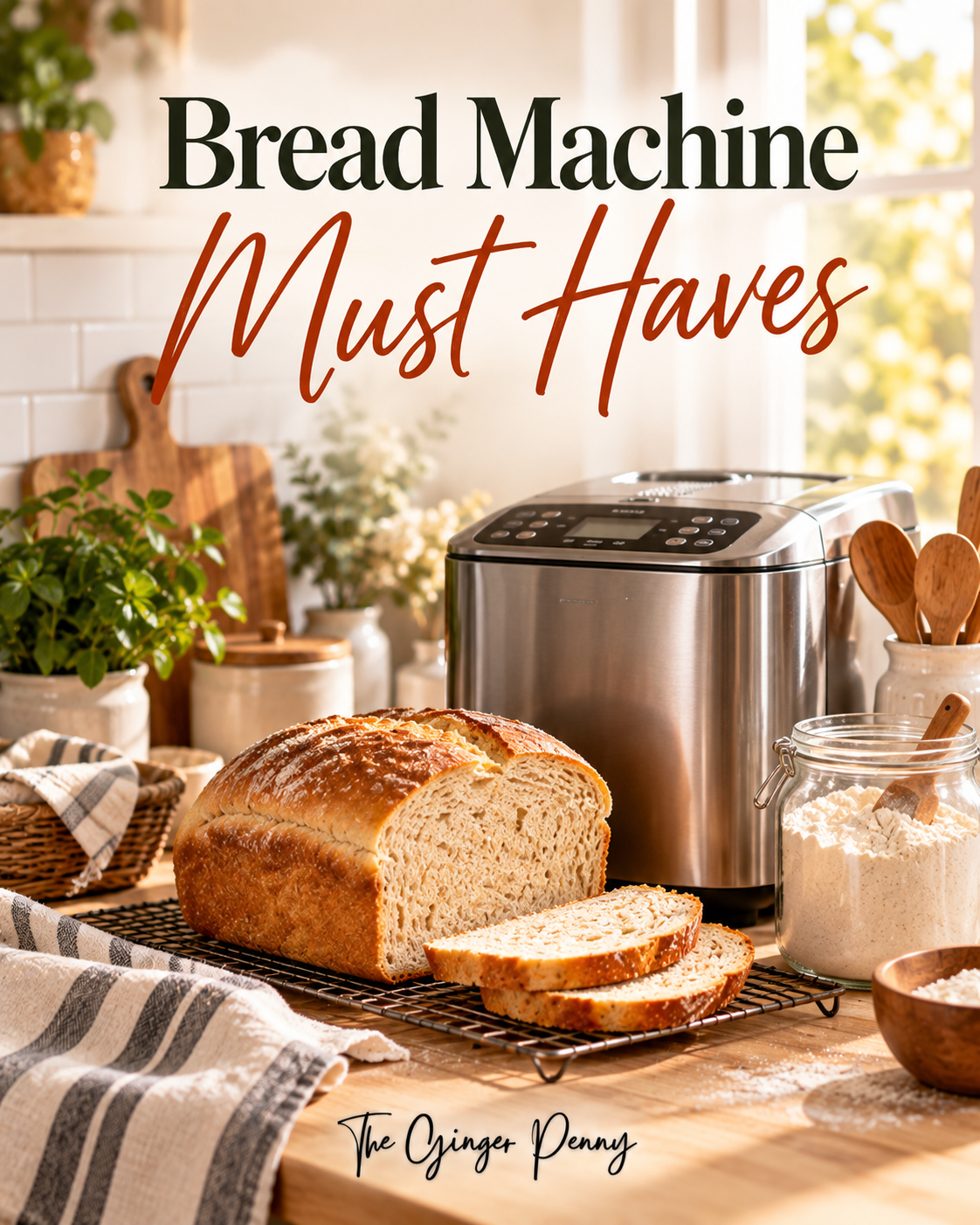Bread machine must haves featuring homemade bread, bread-making tools, measuring essentials, slicing accessories, and bread storage