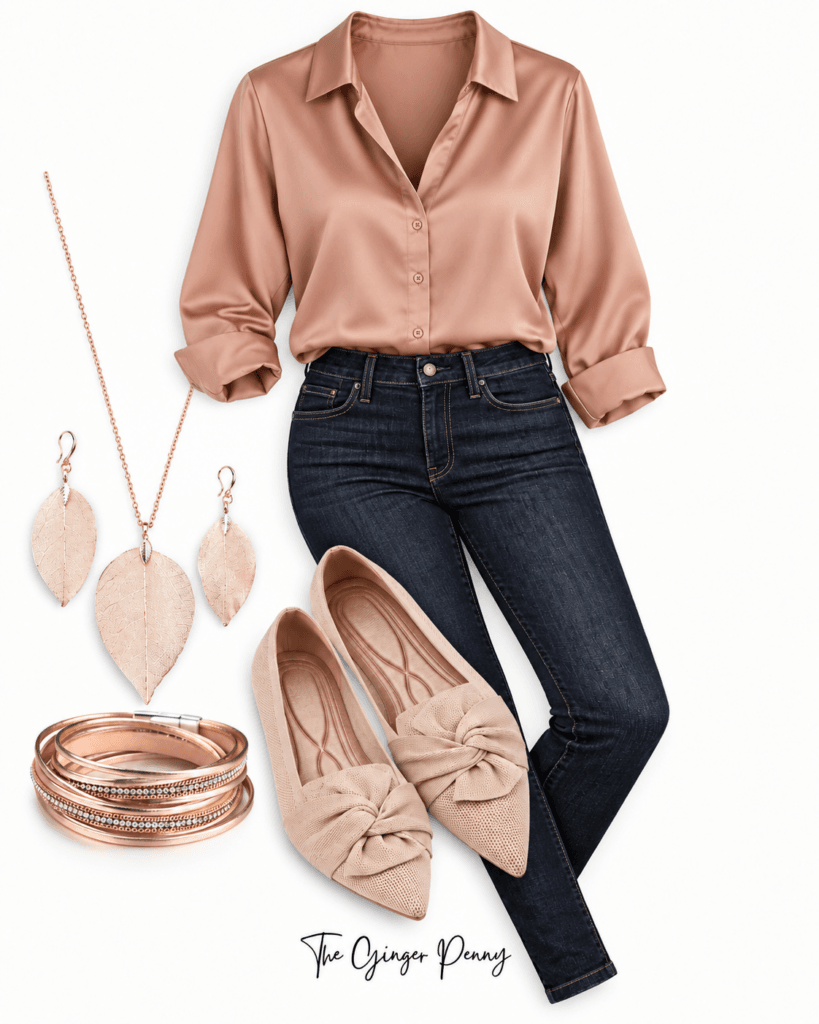 Satin button-down fall outfit with denim and simple gold jewelry