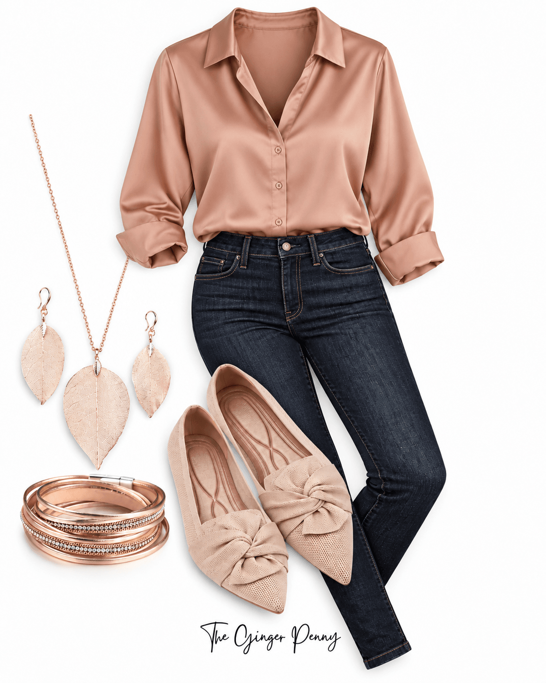Satin button-down fall outfit with denim and simple gold jewelry