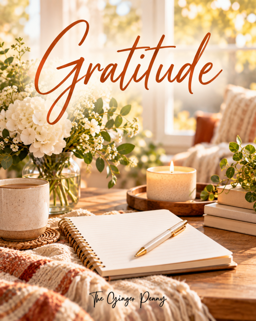 Gratitude finds featuring journals, notebooks, candles, and cozy items for reflection and thankfulness